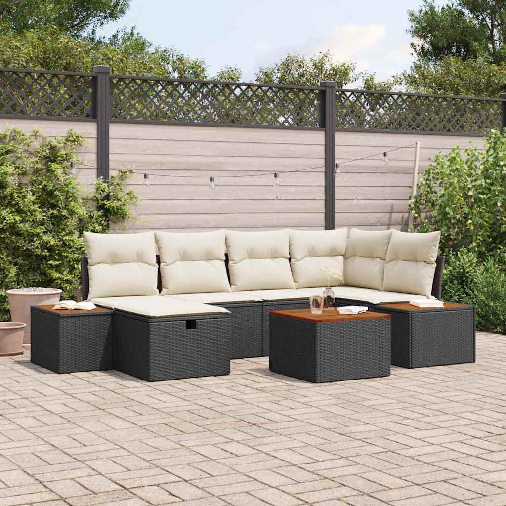 Garten-Sofa-Set mit Kissen 7 pcs Schwarz Poly Rattan